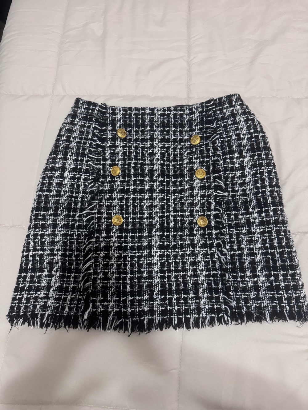Black and White Tweed Mini Skirt with Gold Buttons